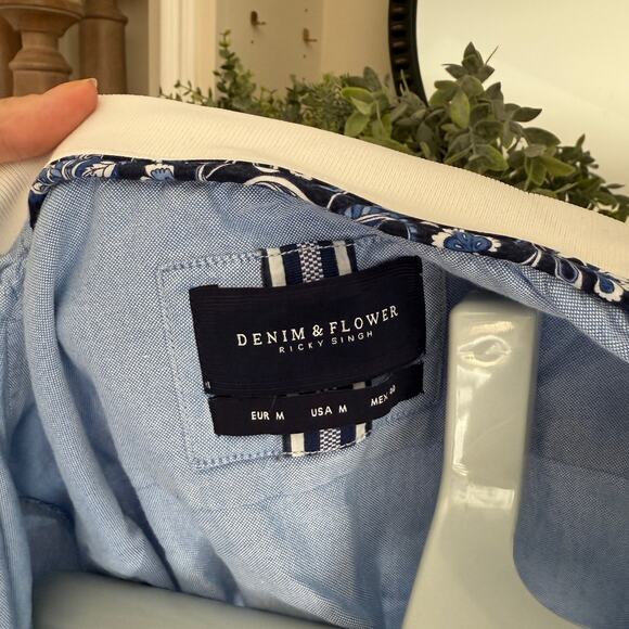 Denim & Flower by Ricky Singh Bomber Jacket Men's Medium Blue Oxford Zip Up - Picture 4 of 10